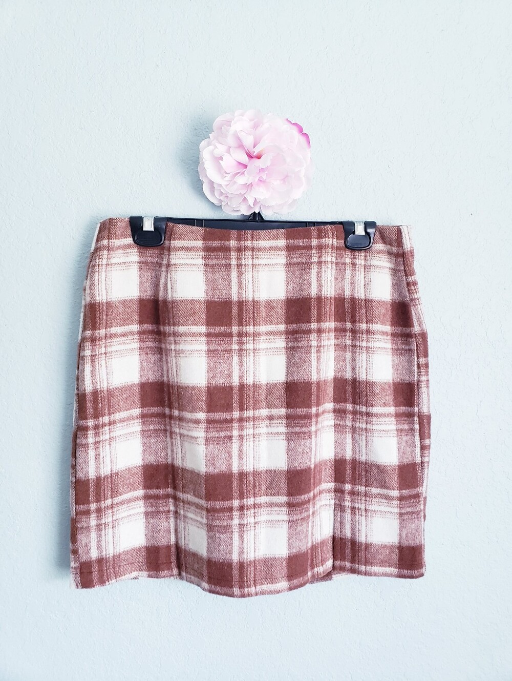 Sunland Brown White Plaid High Waisted Mini Skirt with Front Slit